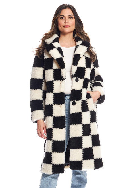 Fabulous-Furs Checkmate Faux Sherpa Knee-Length Coat 