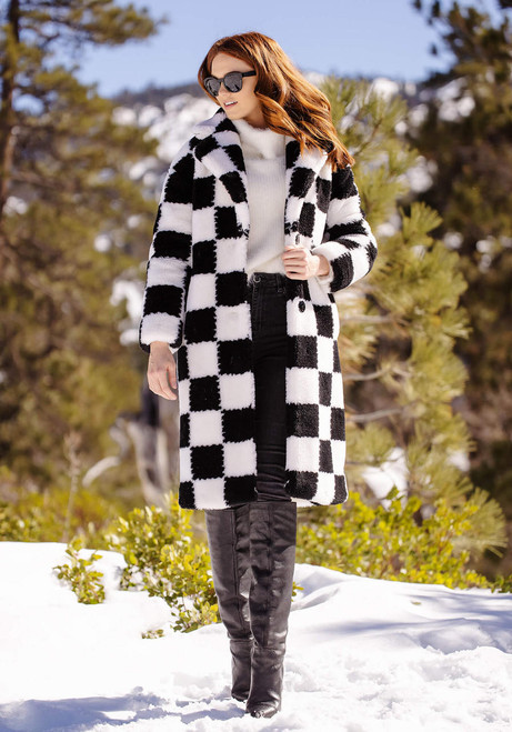 Fabulous-Furs Checkmate Faux Sherpa Knee-Length Coat 