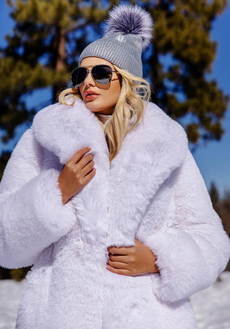 Fabulous-Furs White Faux Fur Snow Stopper Knee-Length Coat 