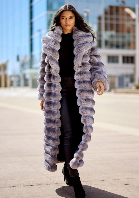 Fabulous-Furs Grey Faux Fur Mob Wife Chinchilla Coat 