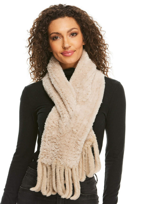 Sand Faux Fur Knitted Fringe Scarf