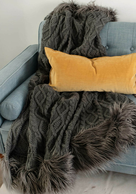 Grey Knit Mongolian Trim Faux Fur Throw