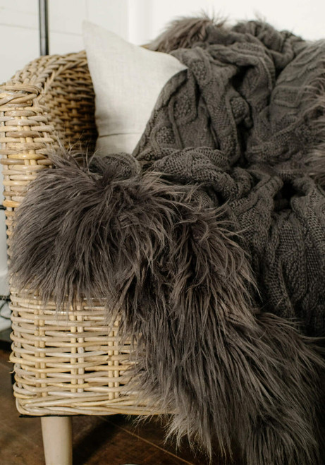 Grey Knit Mongolian Trim Faux Fur Throw