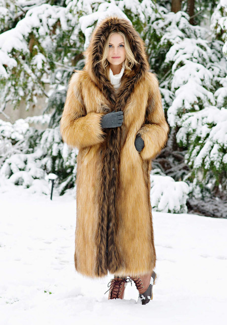 Red Fox Hooded Full-Length Faux Fur Coat