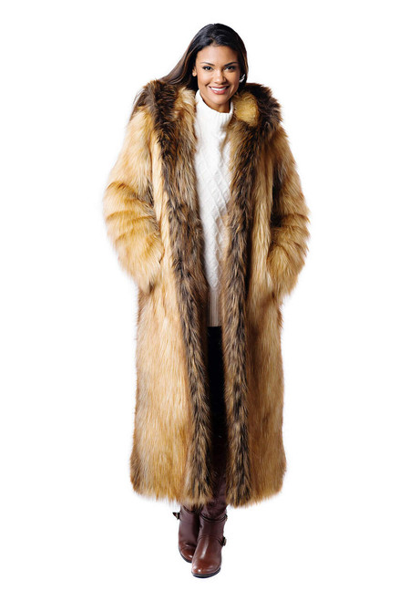 Red Fox Hooded Full-Length Faux Fur Coat