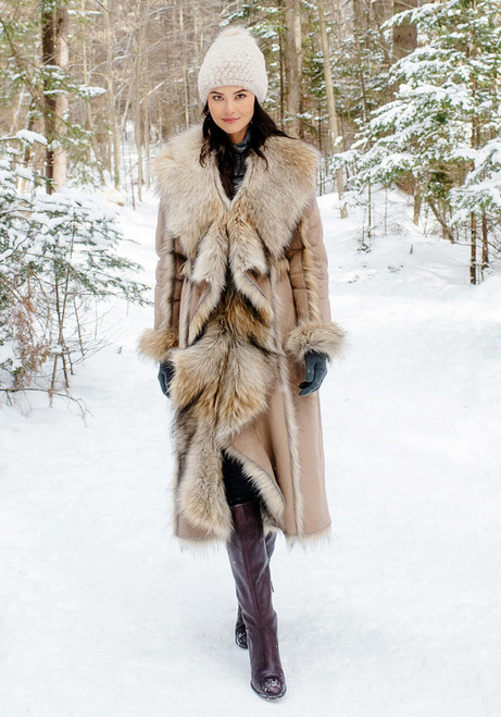 Tan Wolf Cascade Faux Fur Full-Length Coat