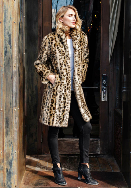 Leopard Signature Knee Length Faux Fur Coat