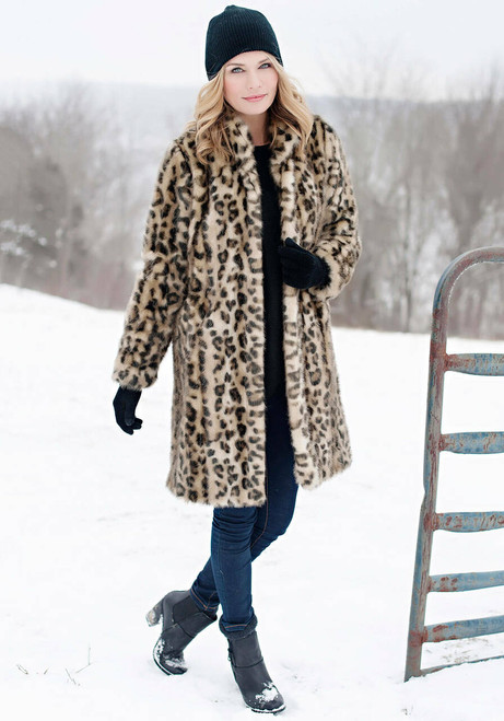 Leopard Signature Knee Length Faux Fur Coat