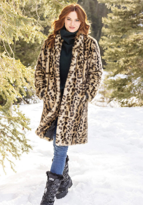 Leopard Signature Knee-Length Faux Fur Coat