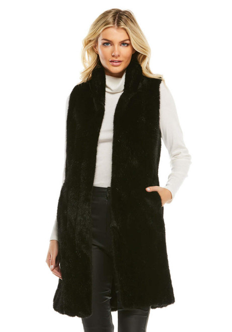 Black Mink Knee-Length Faux Fur Vest