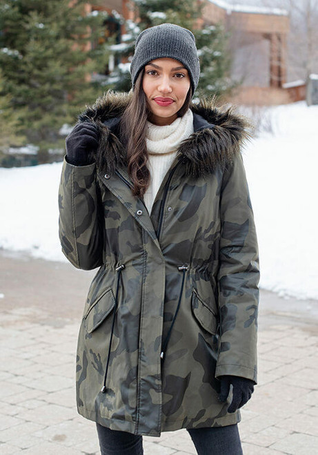 Camo Anorak Coat with Faux Fur-Trimmed Hood