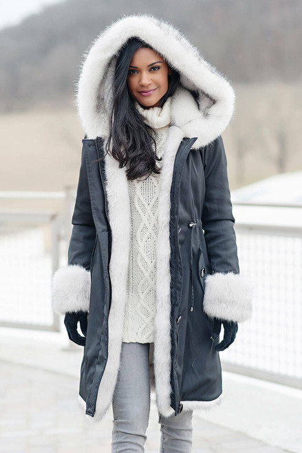 Black Hooded Faux Fur-Lined Knee-Length Coat