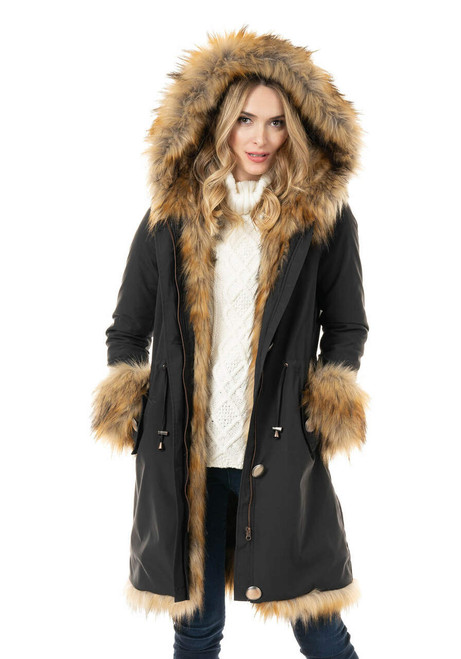 Black Hooded Faux Leopard Fur-Lined Knee-Length Coat