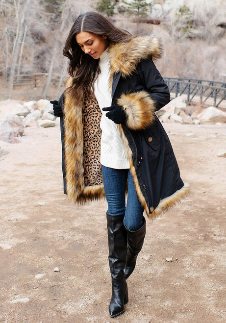 Black Hooded Faux Leopard Fur-Lined Knee-Length Coat
