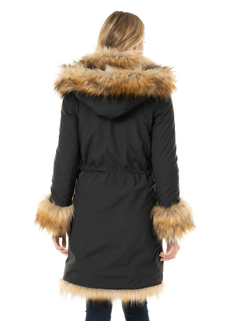 Black Hooded Faux Leopard Fur-Lined Knee-Length Coat