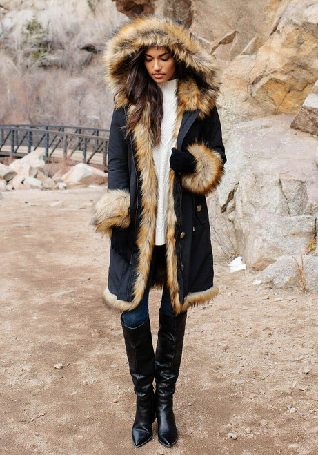 Black Hooded Faux Leopard Fur-Lined Knee-Length Coat
