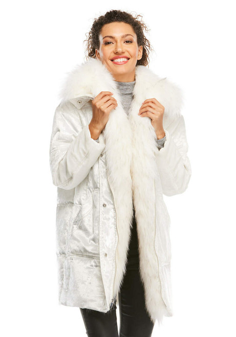 Frosted White Faux Fur Velvet Puffer Coat