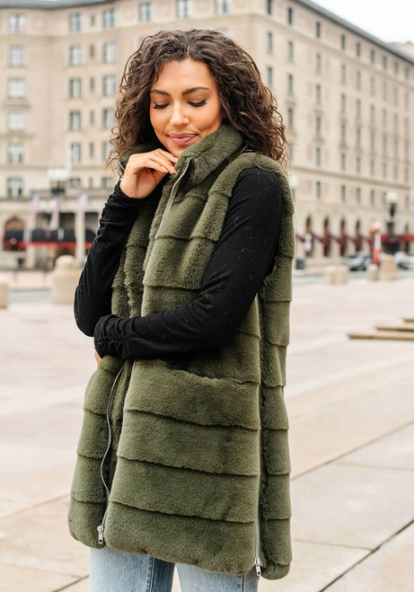 Olive Faux Fur Weekender Zip Vest