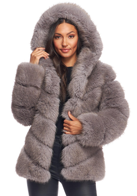 Grey Fox Faux Fur Chateau Chevron Hooded Coat