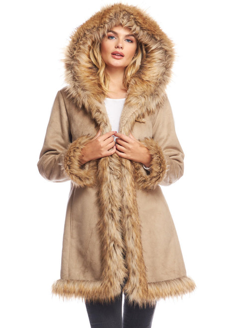 Latte Faux Suede and Faux Fur Alpine Hooded Coat