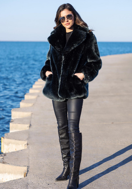 Emerald Mink Faux Fur Couture Notch Collar Coat