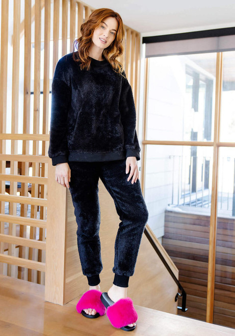 Black Faux Fur Cozy Crewneck Lounge Set