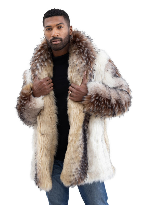 Mens Arctic Wolf Faux Fur Shawl Collar Coat