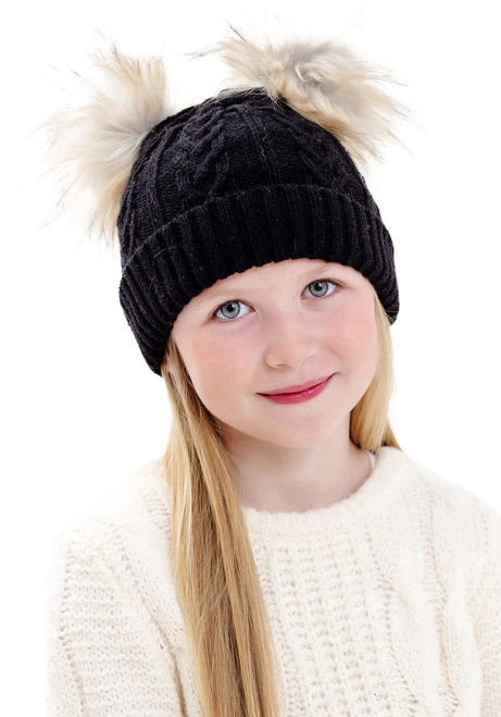 Kids Black Cableknit Faux Fur Pom Beanie