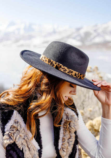 Black Faux Cashmere Wide Brim Fedora