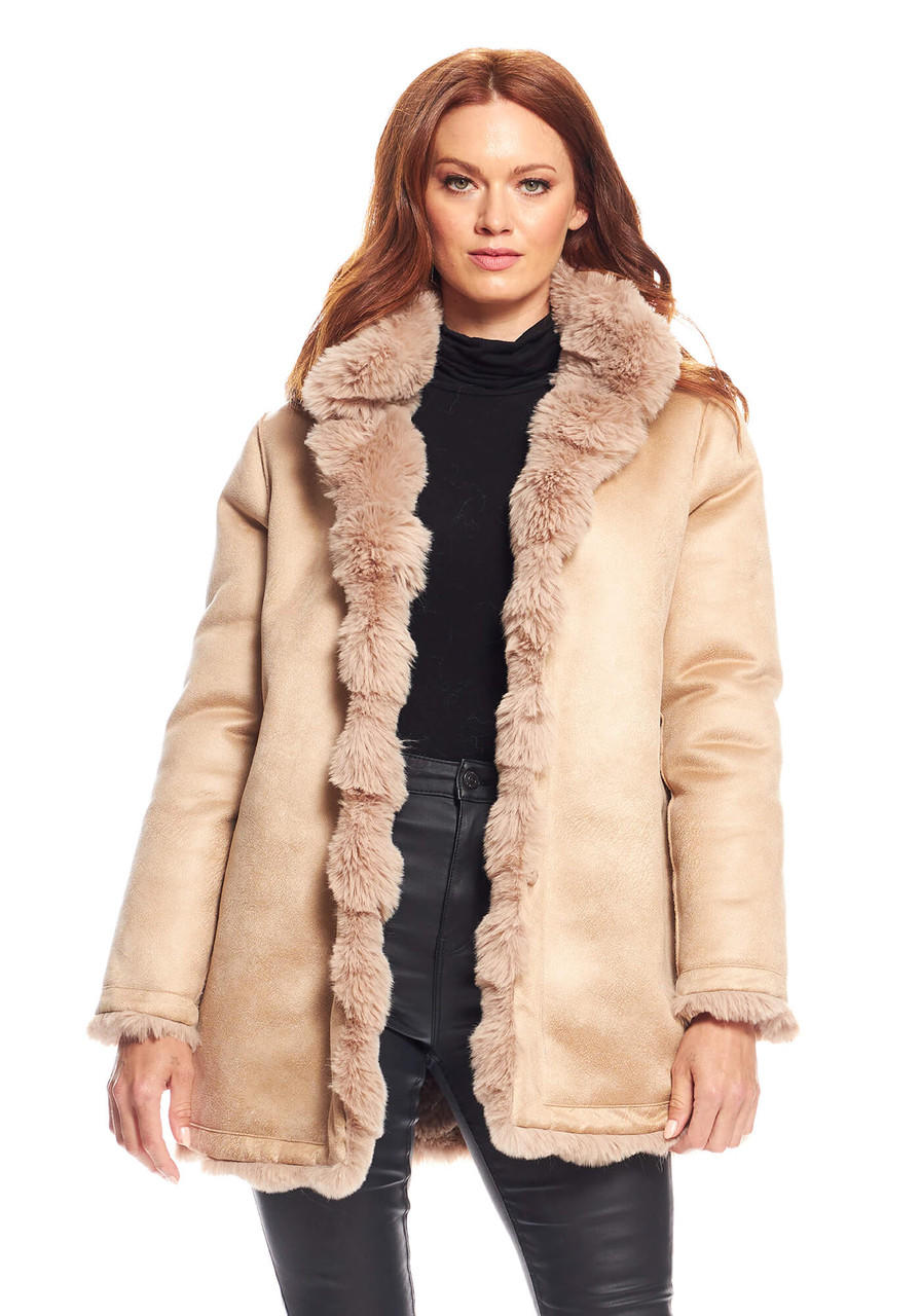 Fabulous-Furs Camel Faux Fur Rainier Reversible Mink Coat 