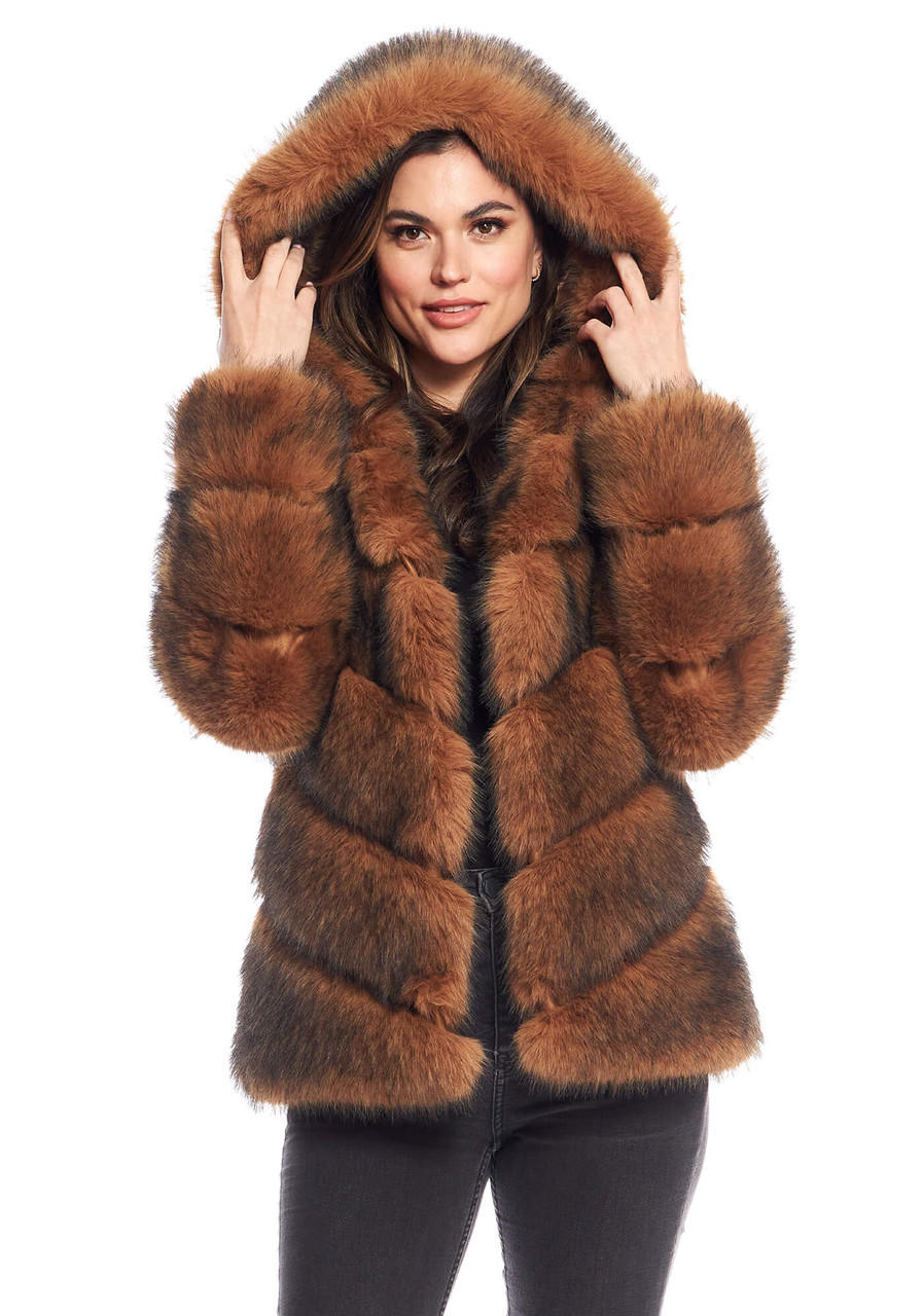 Fabulous-Furs Cedar Fox Faux Fur Chateau Chevron Hooded Coat 
