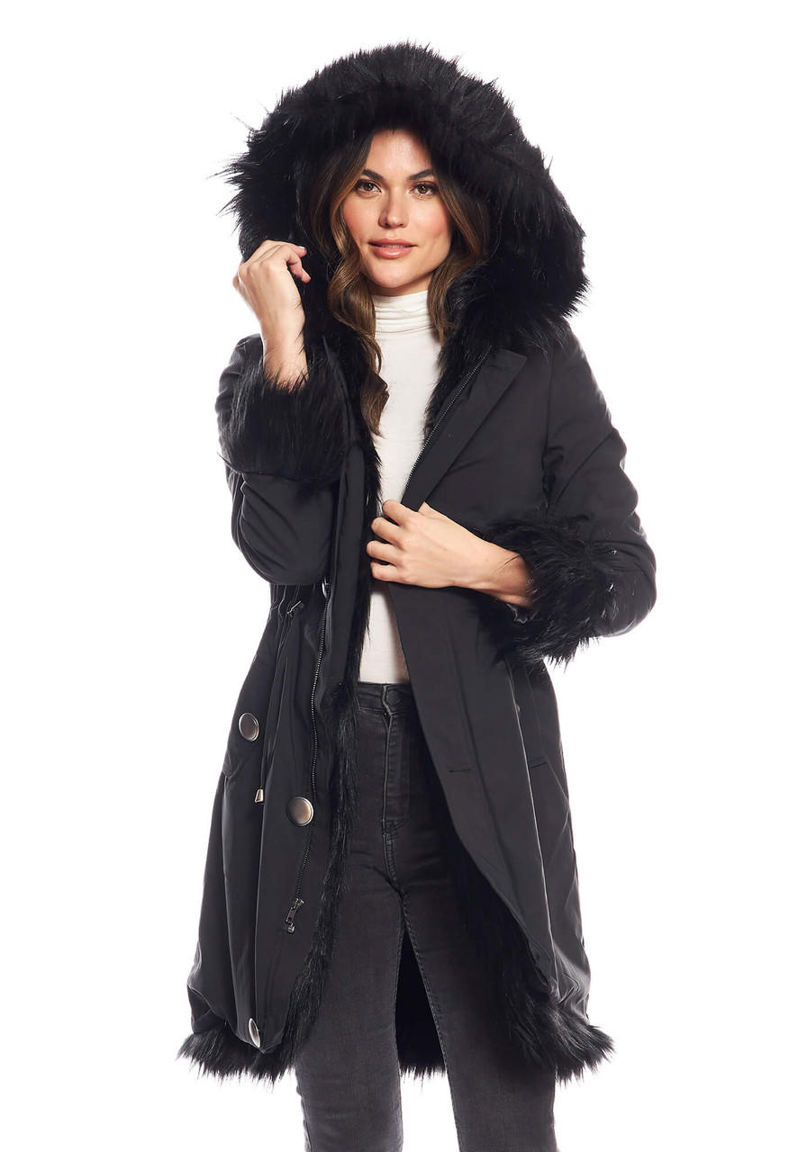 Fabulous-Furs Black Fox Hooded Faux Fur-Lined Knee-Length Storm Coat 