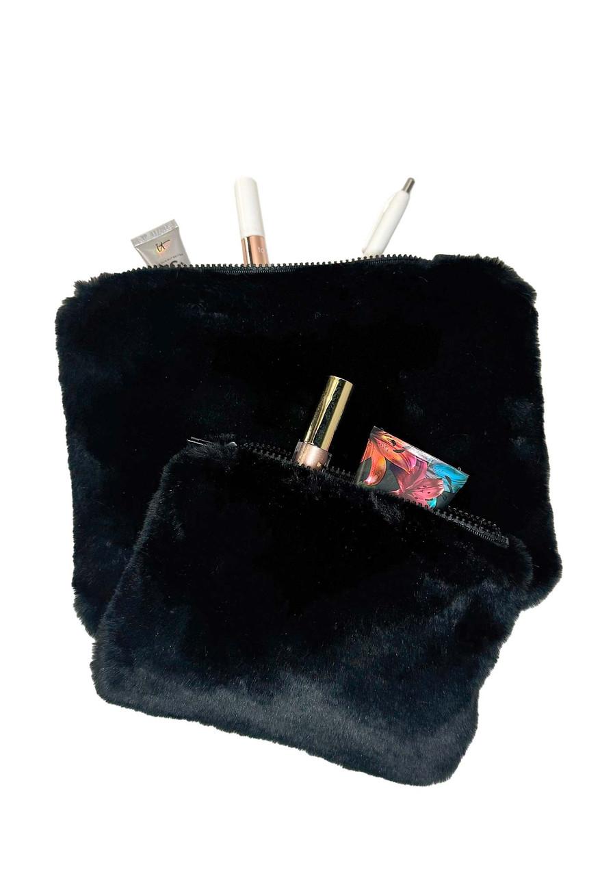 Black Sheared Beaver Faux Fur Travel Pouches (Set of 2)   Black Sheared Beaver Faux Fur Travel Pouches (Set of 2)