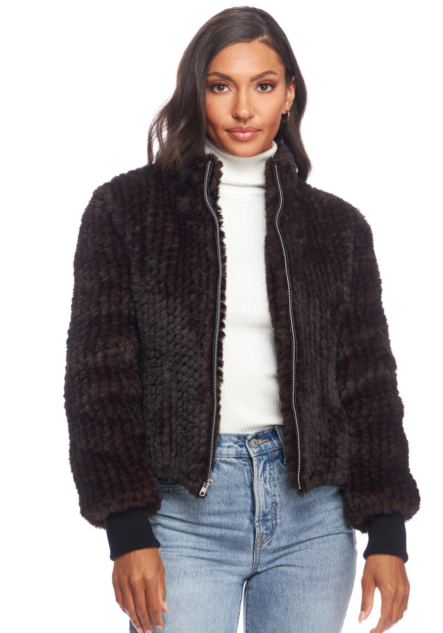 Whiskey Faux Fur 5th Ave Knitted Bomber Jacket