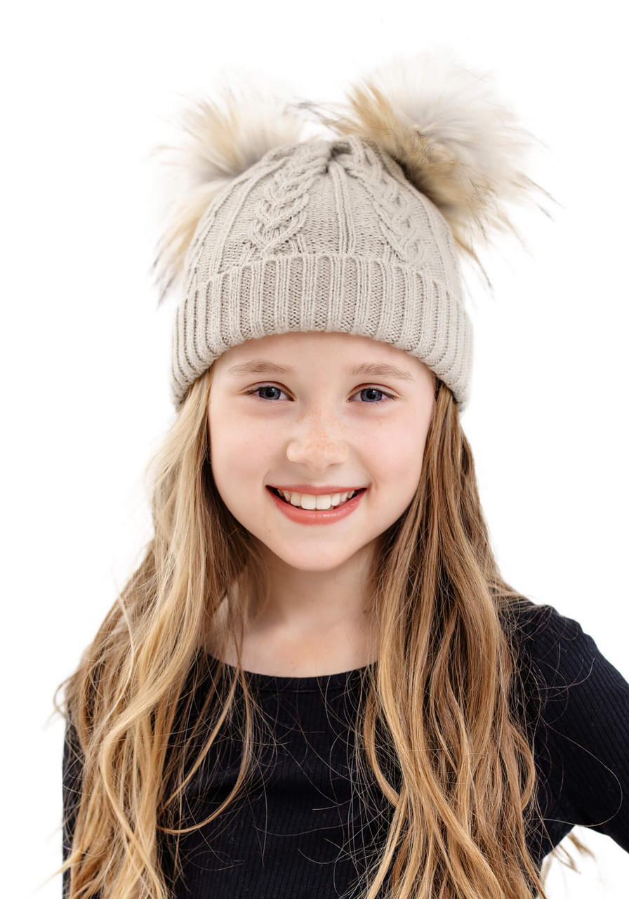 Kids Oatmeal Cableknit Faux Fur Pom Beanie
