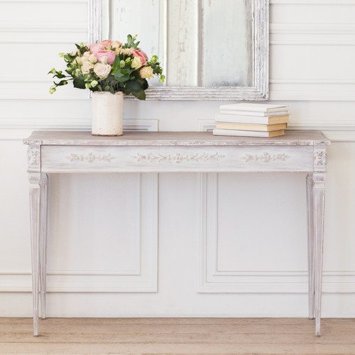 Eloquence® Zinnia Console in White Mist Finish Thumbnail. Text: New Design