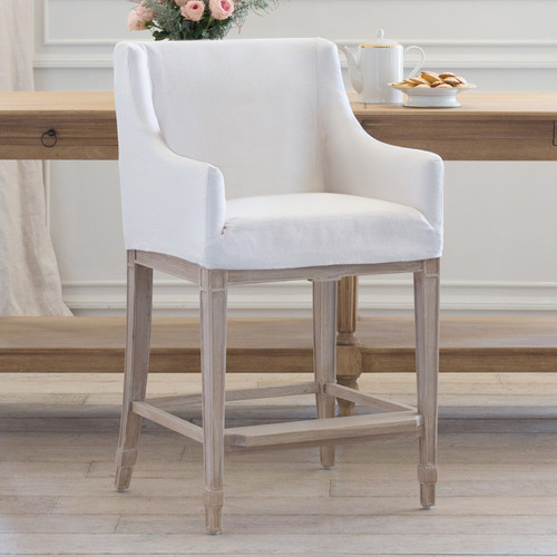 Eloquence® Scandinavian Counter Chair in Whispy White Linen Slipcover and Worn Oak Finish