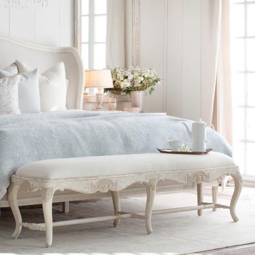 Eloquence® King Rococo Bench in Sand Dune Linen and Tea Steeped Taupe Finish
