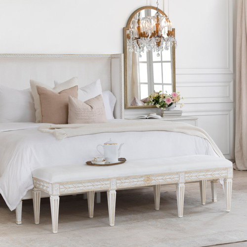 Eloquence® King Anais Bench in Ivory Velvet and Antique White with Gold Leaf Finish