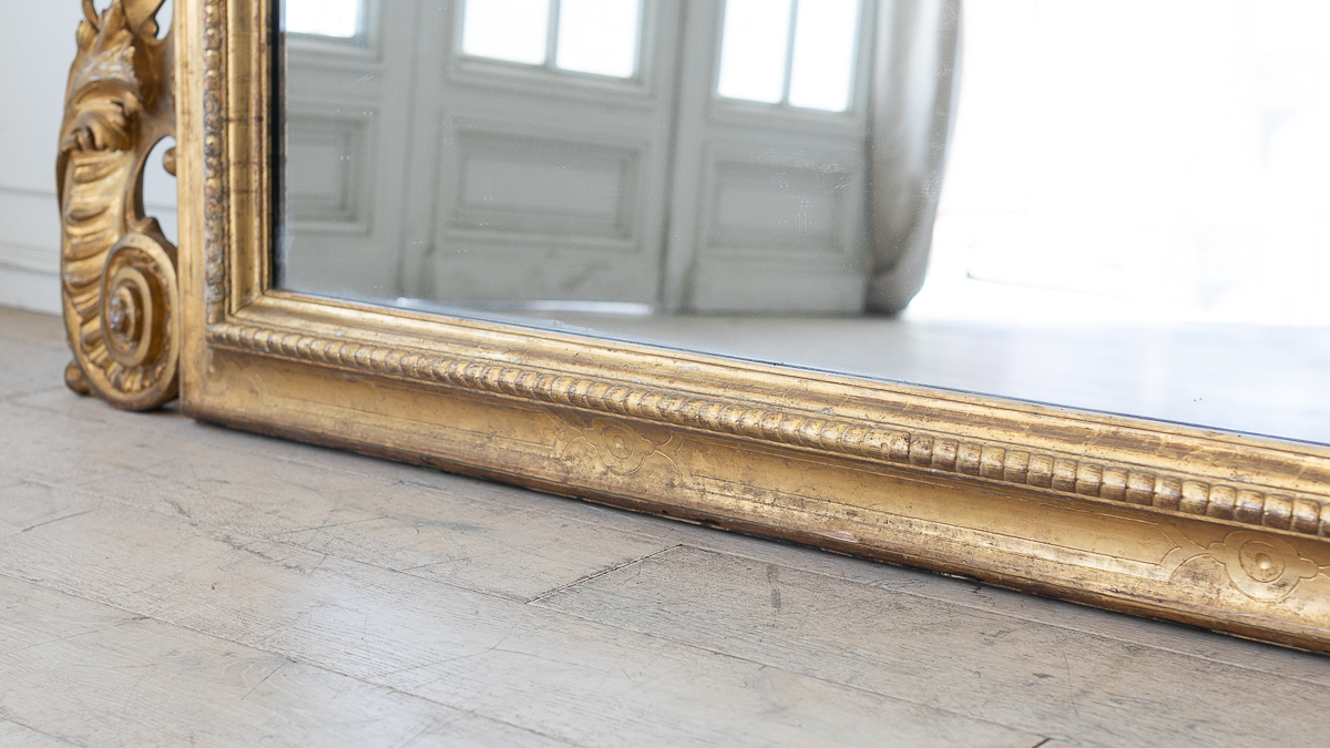 Antique 19th Century Gold Leaf Gilt French Louis Philippe Mirror with Crest