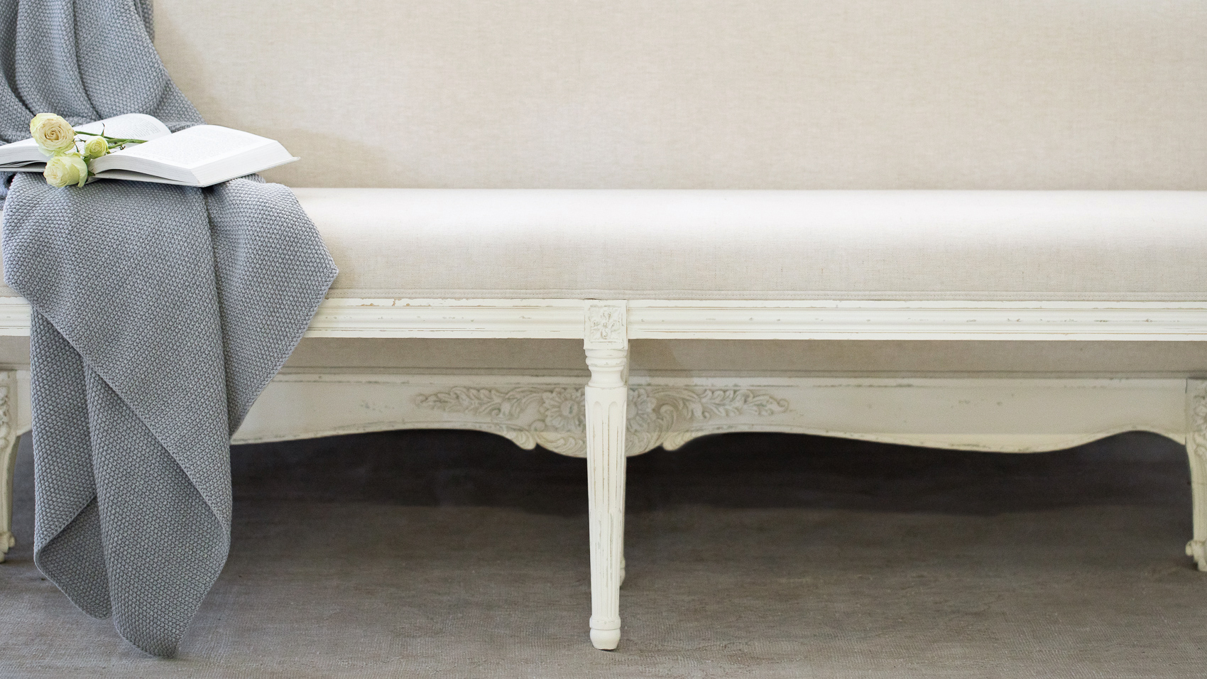 Eloquence® King Boudoir Bench in Fog Linen and Antique White Finish -  Madison & Muse