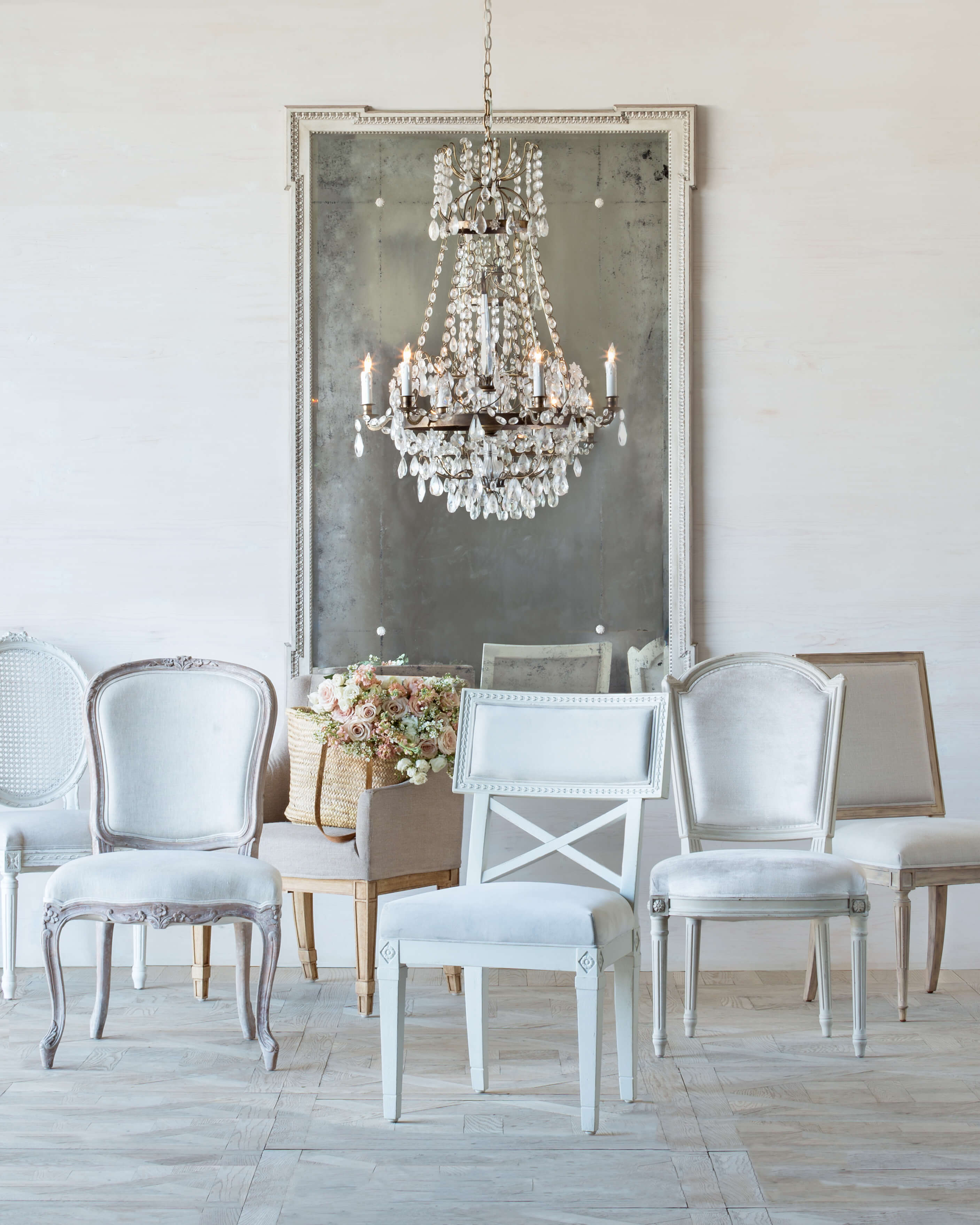 Eloquence® Louis Cane Dining Chair in Fog Linen and Antique White Finish