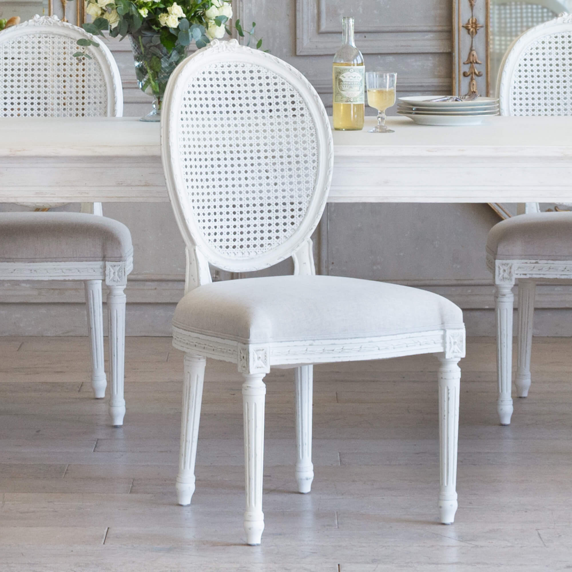 Eloquence® Louis Cane Dining Chair in Fog Linen and Antique White Finish