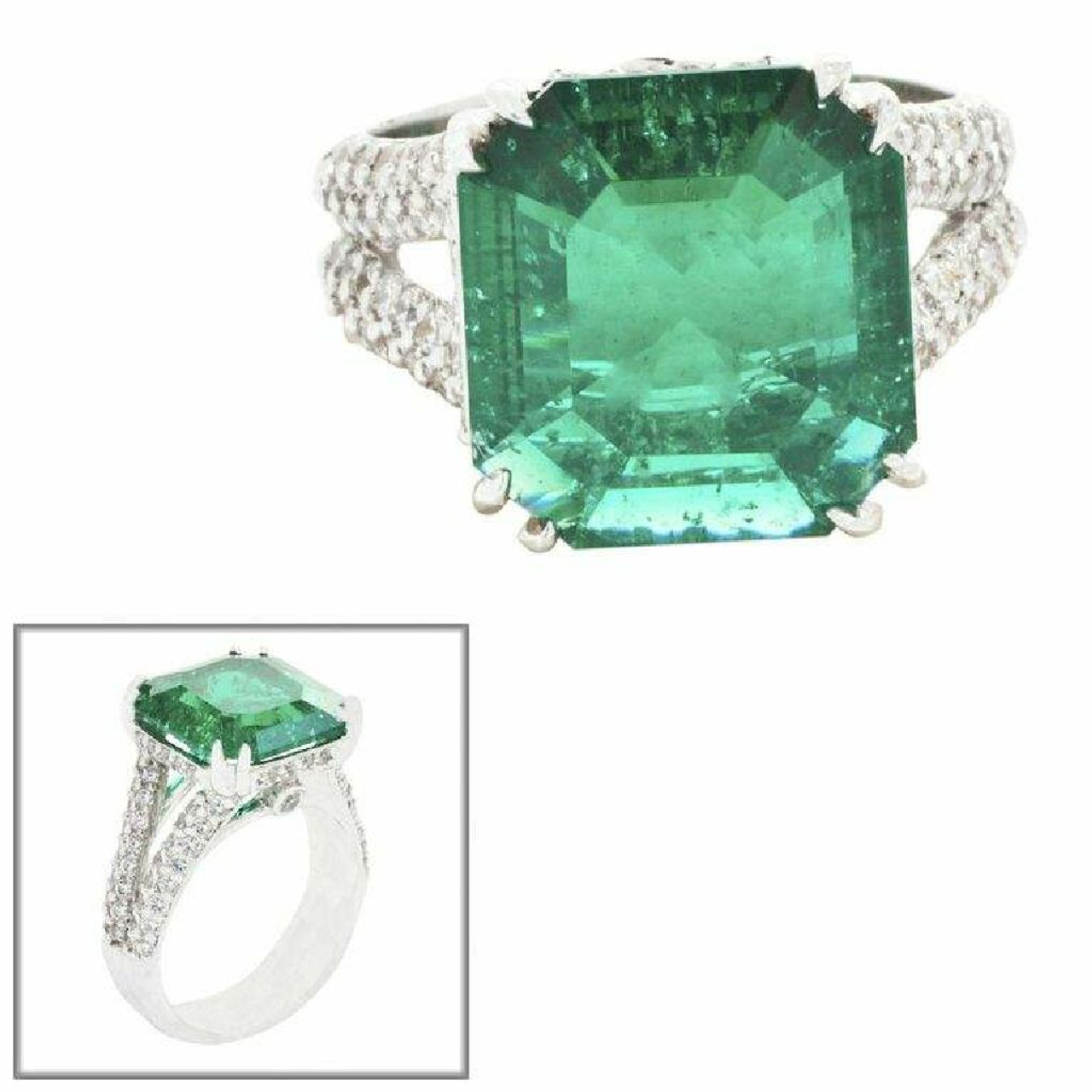 My estate asscher cut emerald Royal Victorian double-halo heirloom  engagement ring timelessly handed down throughout our bloodline.  Prestigiously handcrafted, hallmarked Pt900 stamped platinum mount  clustered with solitaire and baguettes diamonds. I love