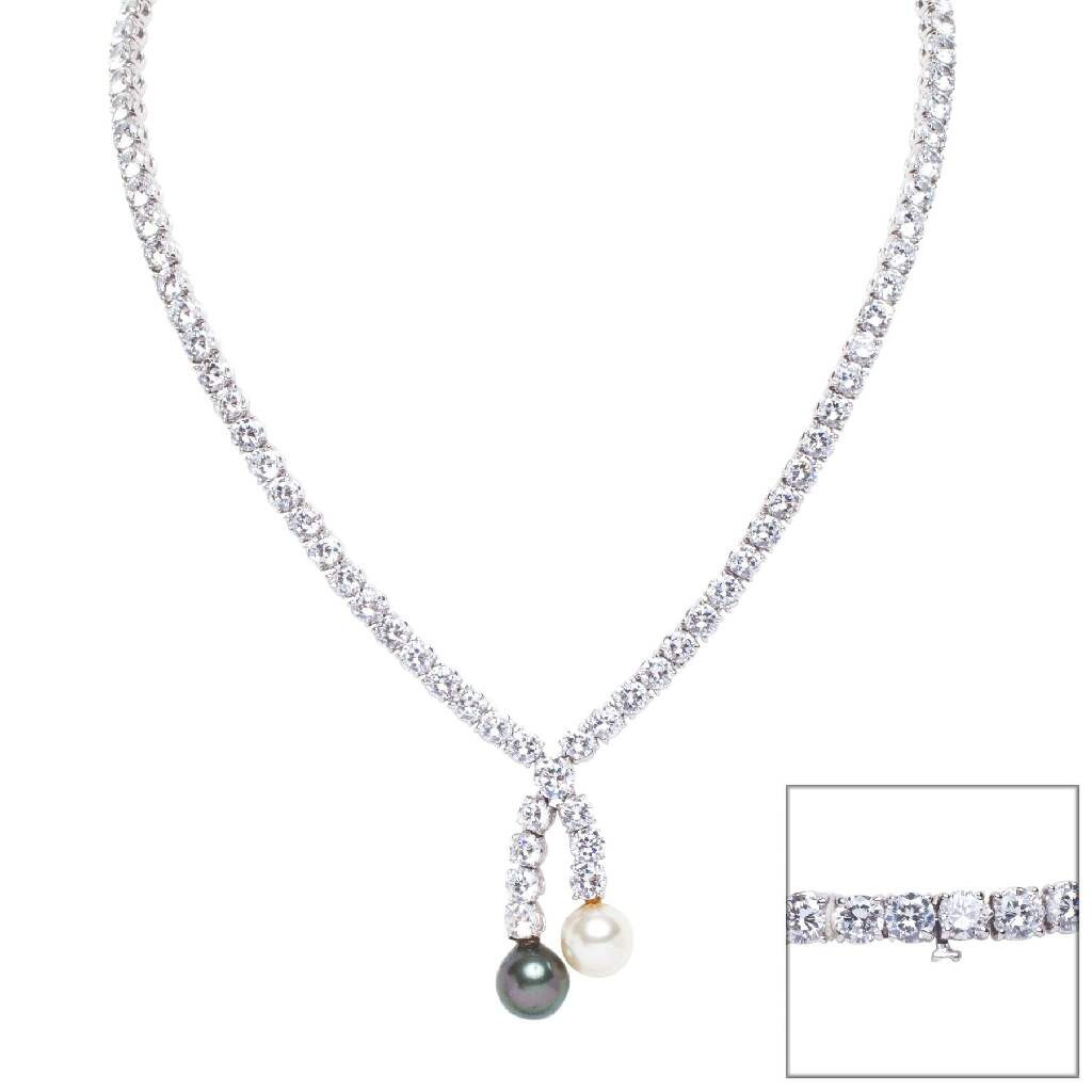 Double Pearl Drop Lariat Necklace with Cubic Zirconia Fantasia by DeSerio