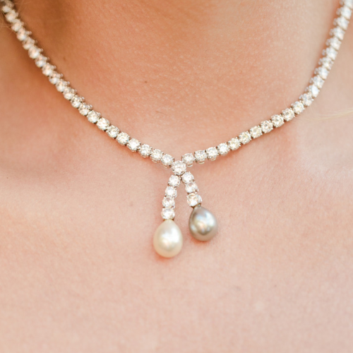 Double Pearl Drop Lariat Necklace with Cubic Zirconia Fantasia by DeSerio