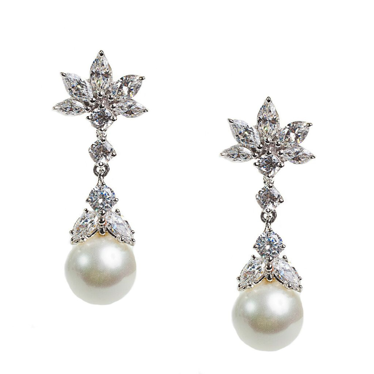 Pearl Drop Earrings with Cluster Marquise Top (4 TCW) - Fantasia by DeSerio