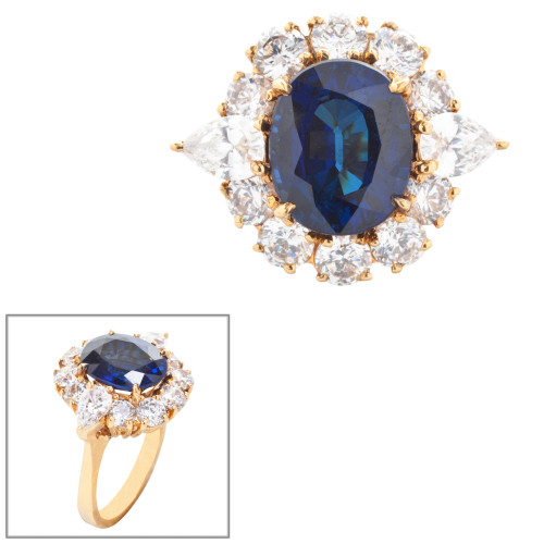 3.25ct Oval Cut Center surrounded by 10 Round Cut Stones of 1.6ct  and 2 Pear-Shape cut stones of 1ct. 17468-SAP-14K