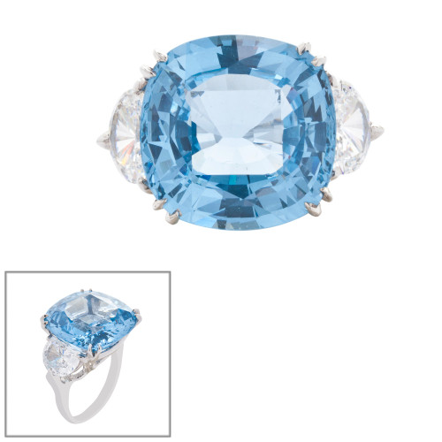 Aqua Cushion Cut Center with Half-Moon Sides