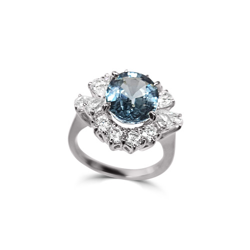 Aquamarine Oval and Pear Detail Halo Ring (3.5 Carat Center Stone)